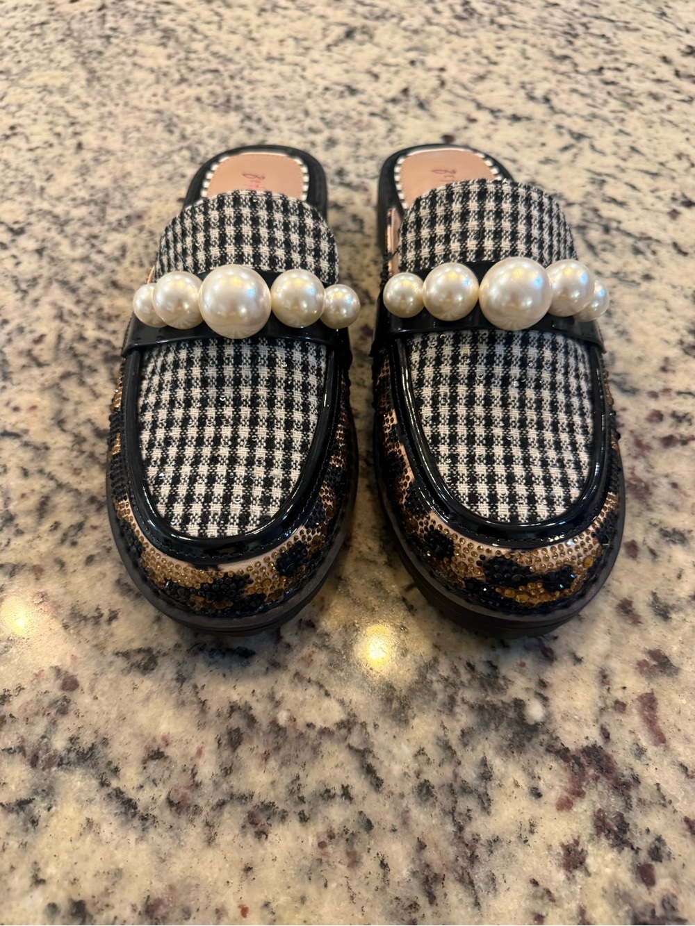 Betsey Johnson Black & Tan Houndstooth Pearl-Embellished Sparkly Mules